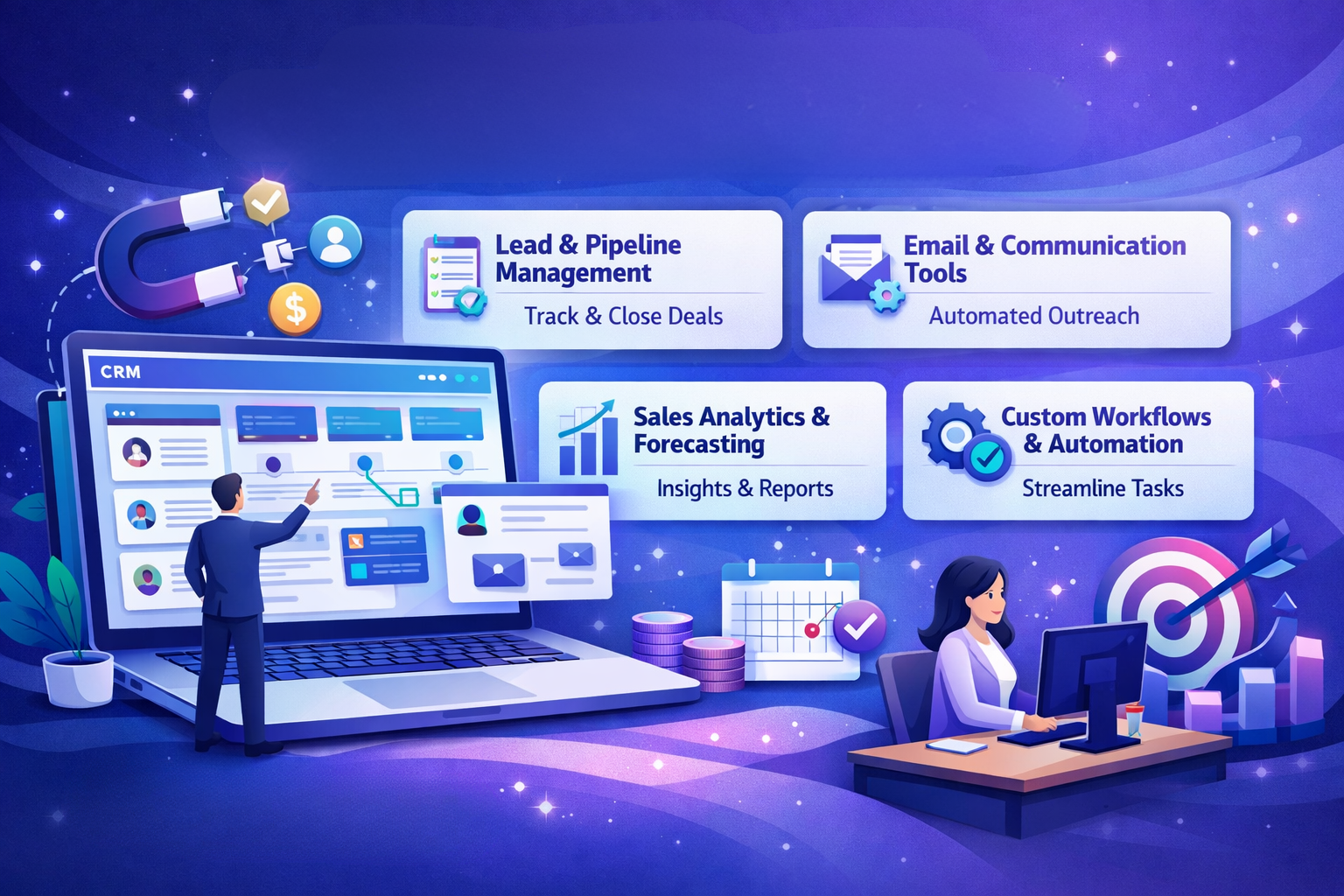 CRM dashboard showing lead management, sales pipeline, and customer tracking