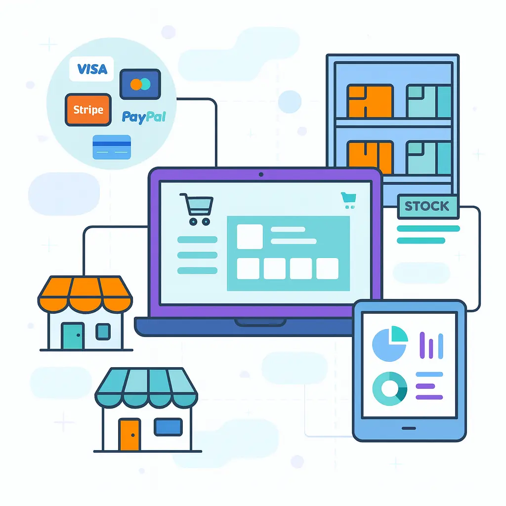 E-commerce platform with payments, stock management, analytics, and multi-store support