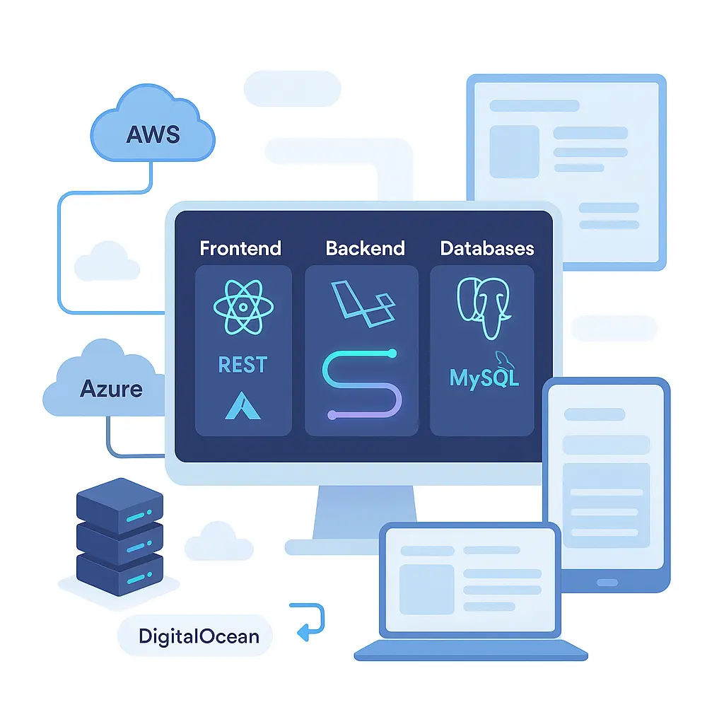 Frontend, backend, and database stack across AWS, Azure, and DigitalOcean