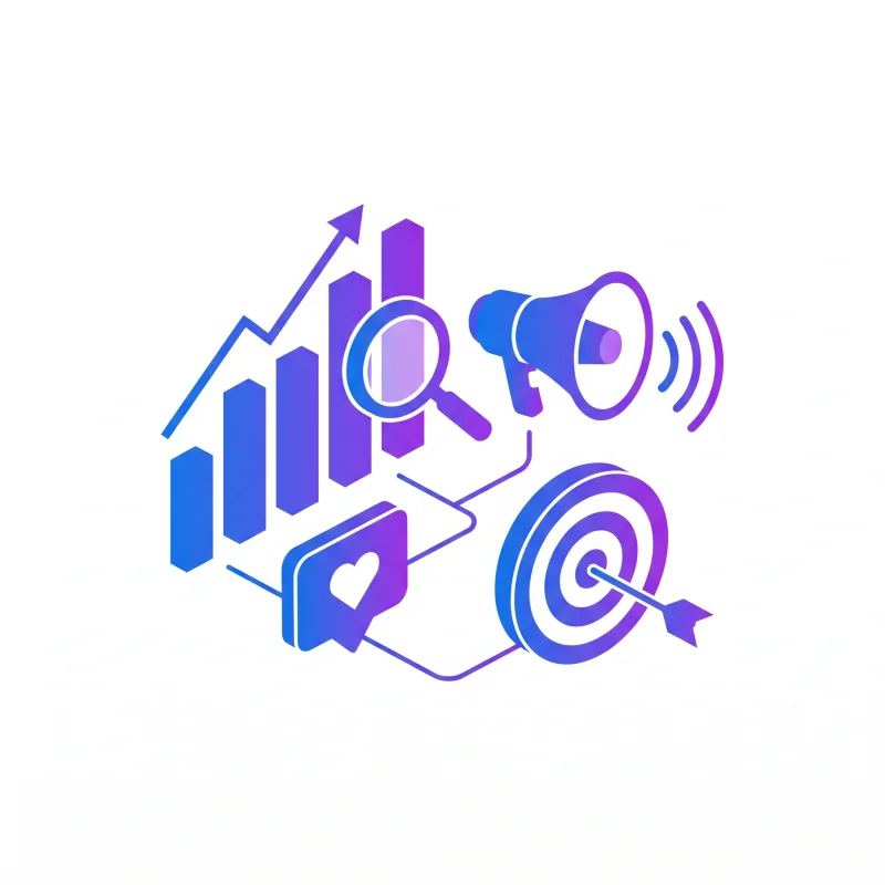 Digital marketing illustration showing SEO analytics, ad campaigns, social media and targeted growth